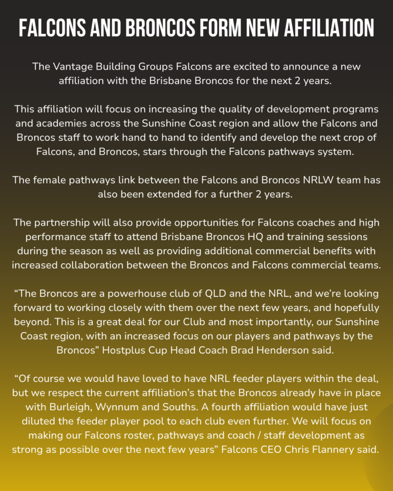 Falcons and Brisbane Broncos Form New Affiliation – Sunshine Coast Falcons.